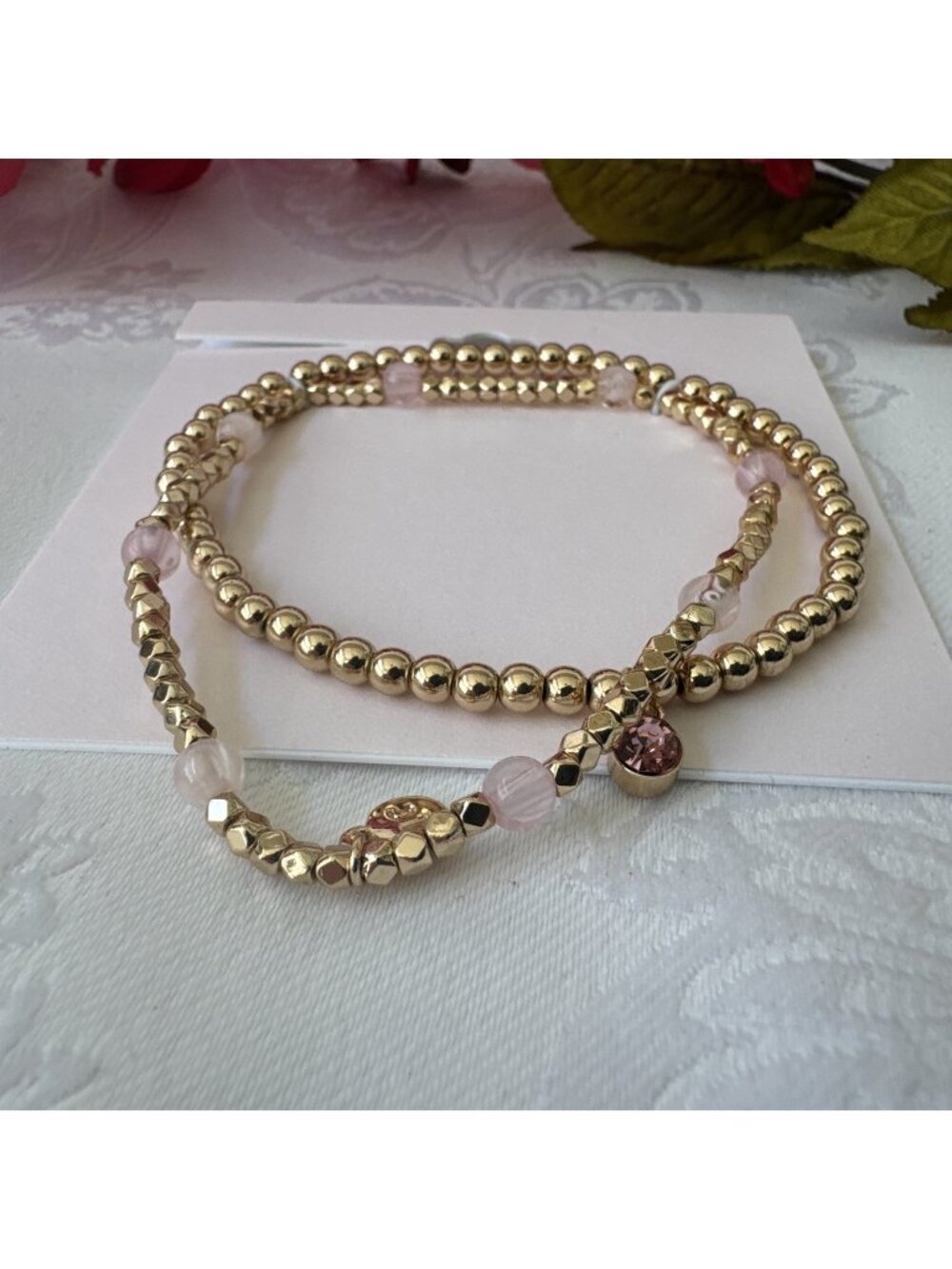 Bijoux Bar Delicates Goldtone Pink Tiny Bead Charm Bracelet Dainty 2 PC Set NWT